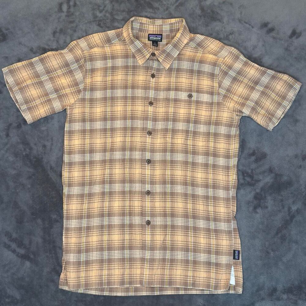 Patagonia Organic Cotton Plaid Shirt S Brown Tan Short Sleeve